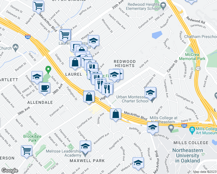 map of restaurants, bars, coffee shops, grocery stores, and more near 4244 Masterson Street in Oakland