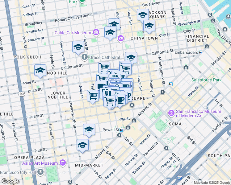 map of restaurants, bars, coffee shops, grocery stores, and more near 400 Post Street in San Francisco