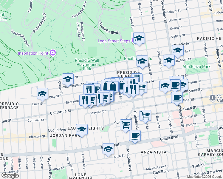 map of restaurants, bars, coffee shops, grocery stores, and more near 3445 Clay Street in San Francisco
