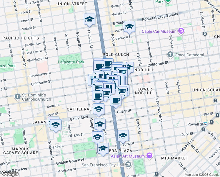 map of restaurants, bars, coffee shops, grocery stores, and more near Van Ness Ave & Bush St in San Francisco