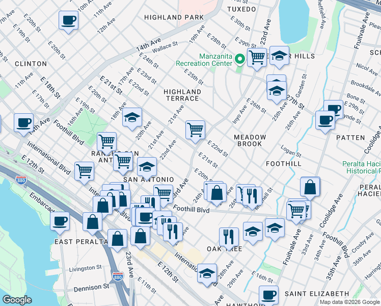 map of restaurants, bars, coffee shops, grocery stores, and more near in Oakland