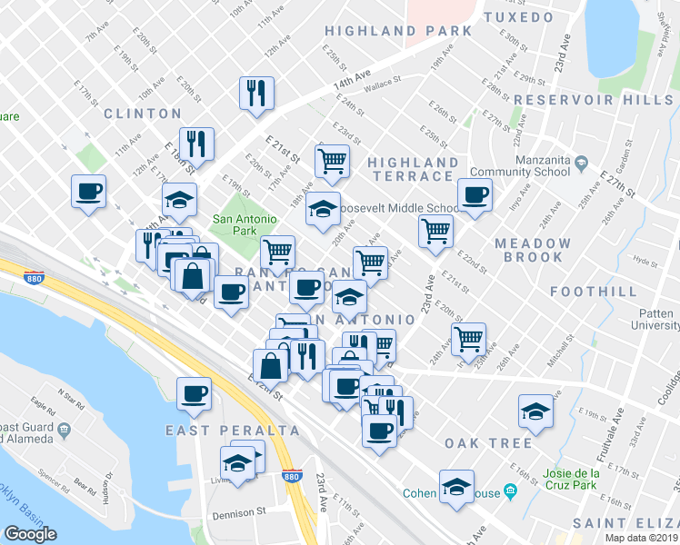 map of restaurants, bars, coffee shops, grocery stores, and more near 1717 21st Avenue in Oakland