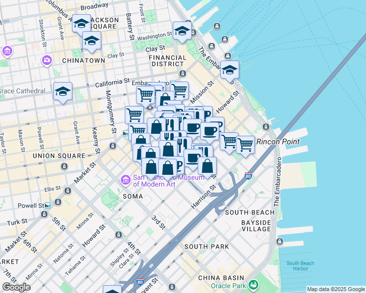 map of restaurants, bars, coffee shops, grocery stores, and more near 405 Howard Street in San Francisco