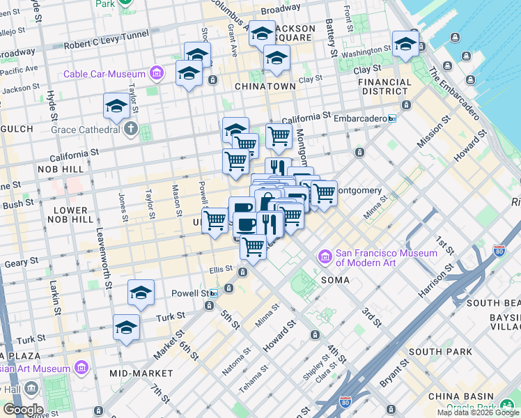 map of restaurants, bars, coffee shops, grocery stores, and more near 58 Geary Boulevard in San Francisco