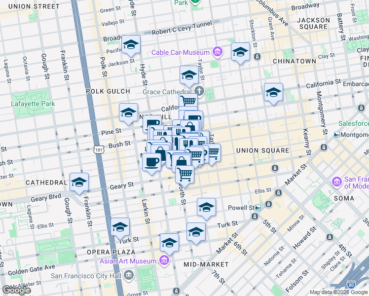 map of restaurants, bars, coffee shops, grocery stores, and more near 736 Leavenworth Street in San Francisco