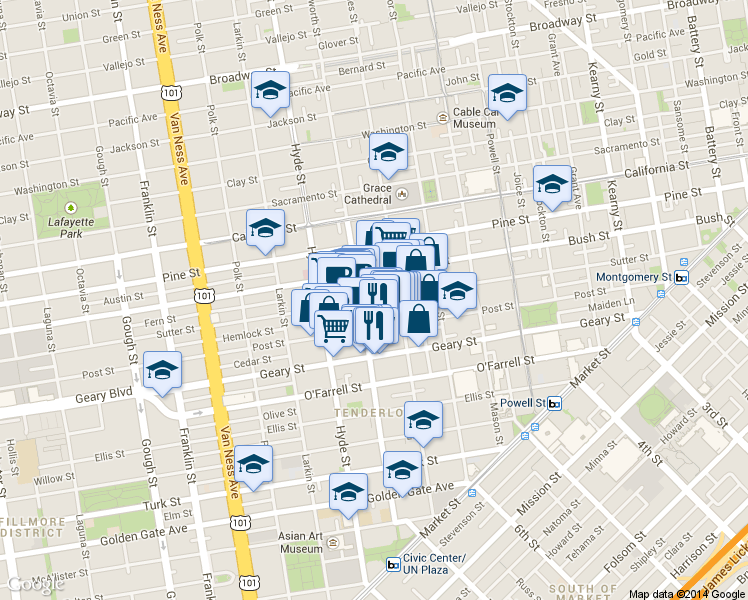 map of restaurants, bars, coffee shops, grocery stores, and more near 736 Leavenworth Street in San Francisco