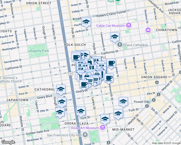 map of restaurants, bars, coffee shops, grocery stores, and more near 1078 Sutter Street in San Francisco