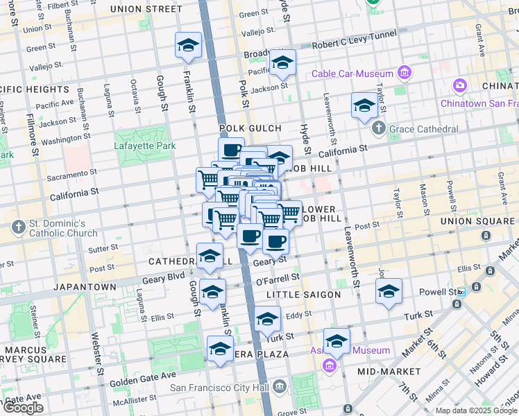 map of restaurants, bars, coffee shops, grocery stores, and more near 1295 Sutter Street in San Francisco