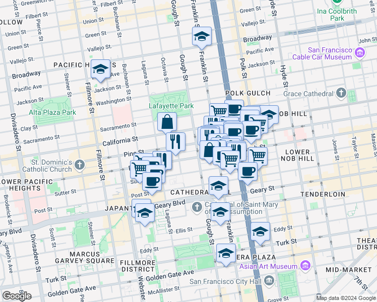 map of restaurants, bars, coffee shops, grocery stores, and more near 1701 Bush Street in San Francisco