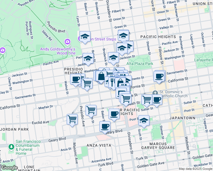 map of restaurants, bars, coffee shops, grocery stores, and more near 2890 California Street in San Francisco
