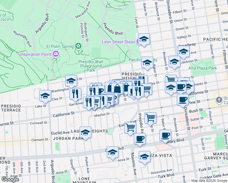 map of restaurants, bars, coffee shops, grocery stores, and more near 3450 Sacramento Street in San Francisco