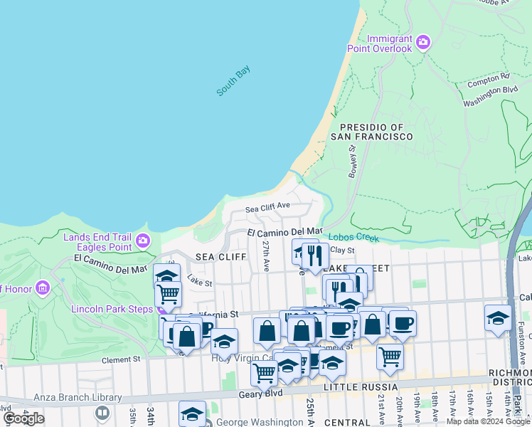 map of restaurants, bars, coffee shops, grocery stores, and more near 66 Easement in San Francisco
