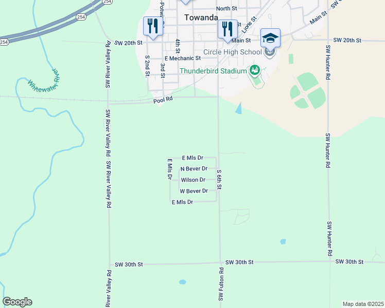 map of restaurants, bars, coffee shops, grocery stores, and more near 620 North Mills Drive in Towanda