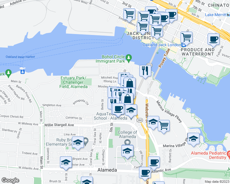 map of restaurants, bars, coffee shops, grocery stores, and more near 2739 5th Street in Alameda