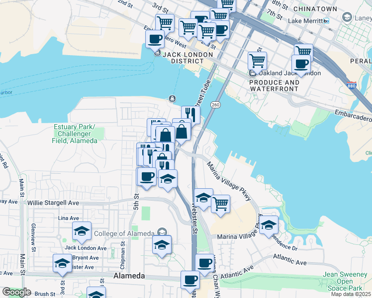 map of restaurants, bars, coffee shops, grocery stores, and more near 2490 Marina Village Parkway in Alameda