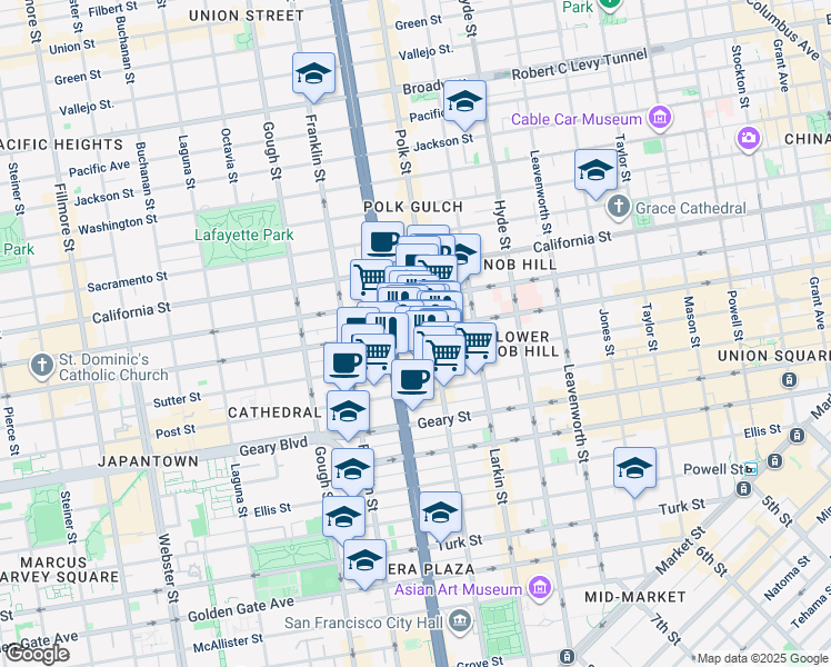 map of restaurants, bars, coffee shops, grocery stores, and more near 1433 Bush Street in San Francisco