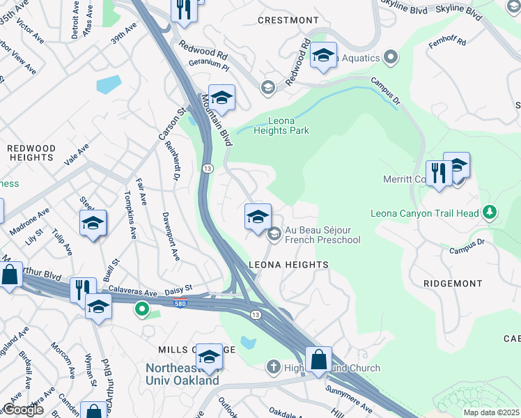 map of restaurants, bars, coffee shops, grocery stores, and more near 4860 Mountain Boulevard in Oakland