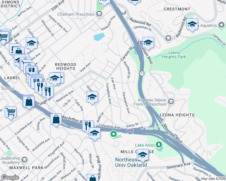 map of restaurants, bars, coffee shops, grocery stores, and more near 4663 Fair Avenue in Oakland