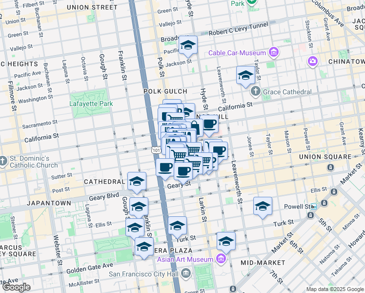 map of restaurants, bars, coffee shops, grocery stores, and more near 1234 Polk Street in San Francisco