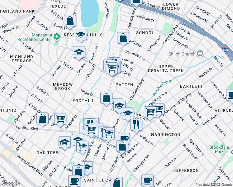 map of restaurants, bars, coffee shops, grocery stores, and more near 3231 Prentiss Street in Oakland