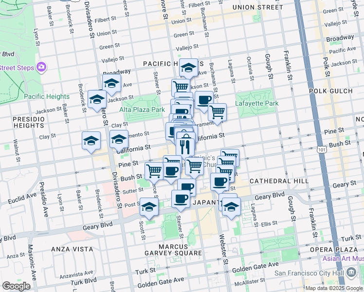 map of restaurants, bars, coffee shops, grocery stores, and more near 2352 Pine Street in San Francisco