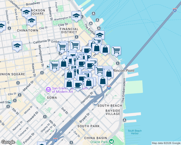 map of restaurants, bars, coffee shops, grocery stores, and more near 299 Fremont Street in San Francisco