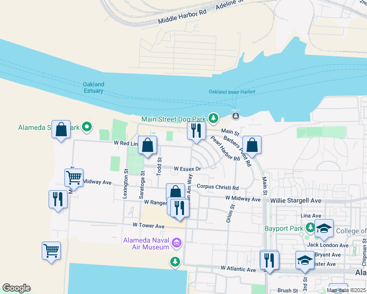 map of restaurants, bars, coffee shops, grocery stores, and more near 555 West Red Line Avenue in Alameda