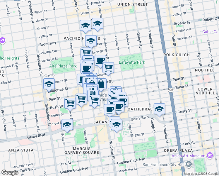 map of restaurants, bars, coffee shops, grocery stores, and more near 2133 Pine Street in San Francisco