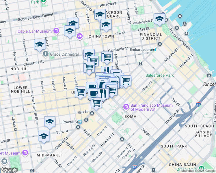 map of restaurants, bars, coffee shops, grocery stores, and more near 58 Geary Boulevard in San Francisco