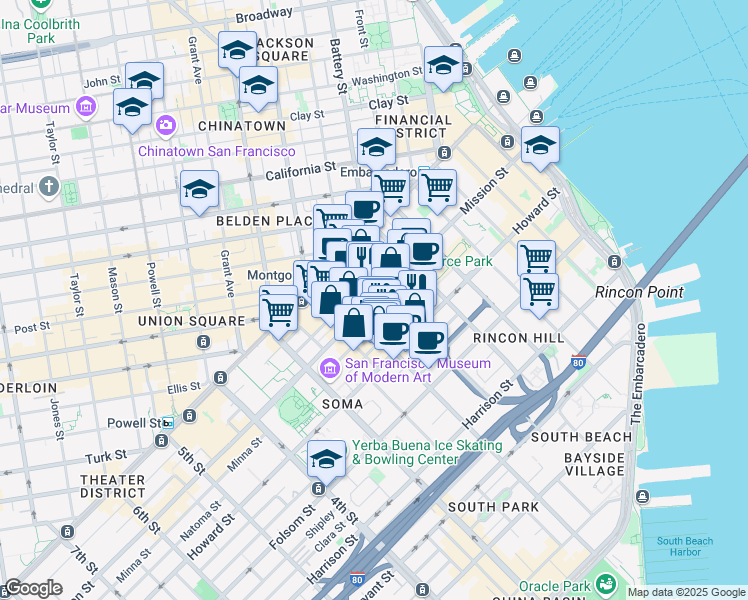 map of restaurants, bars, coffee shops, grocery stores, and more near 555 Mission Street in San Francisco