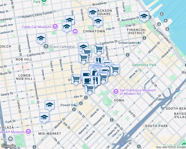 map of restaurants, bars, coffee shops, grocery stores, and more near 170 Grant Avenue in San Francisco