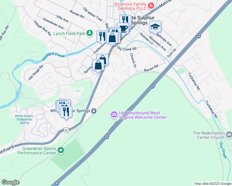 map of restaurants, bars, coffee shops, grocery stores, and more near 272 Surber Road in White Sulphur Springs