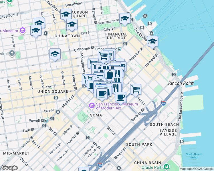 map of restaurants, bars, coffee shops, grocery stores, and more near 555 Mission Street in San Francisco