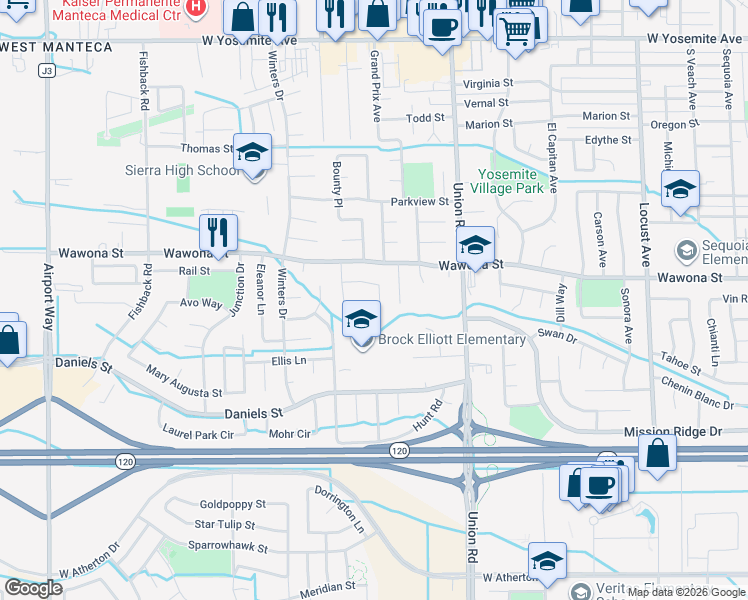 map of restaurants, bars, coffee shops, grocery stores, and more near 1078 Compass Lane in Manteca