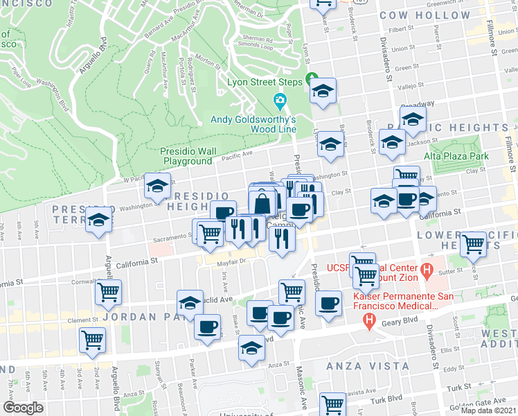 map of restaurants, bars, coffee shops, grocery stores, and more near 3445 Clay Street in San Francisco