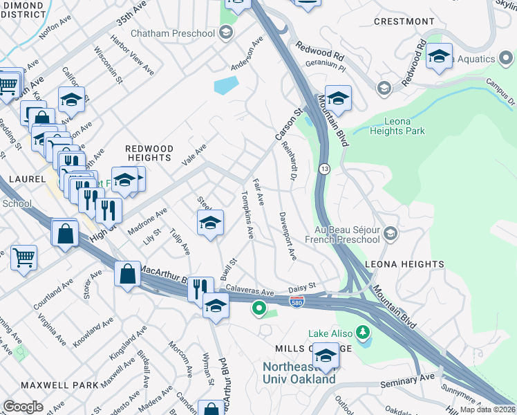 map of restaurants, bars, coffee shops, grocery stores, and more near 4663 Fair Avenue in Oakland