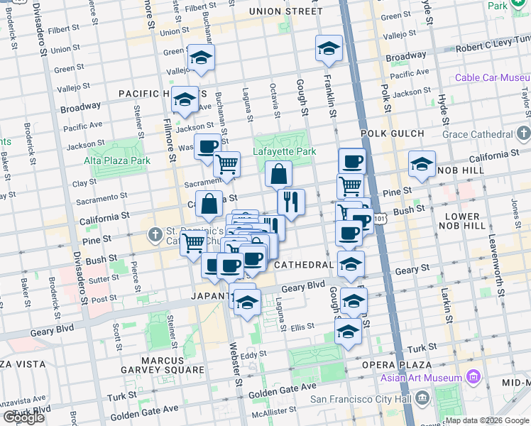 map of restaurants, bars, coffee shops, grocery stores, and more near Pine St & Laguna St in San Francisco