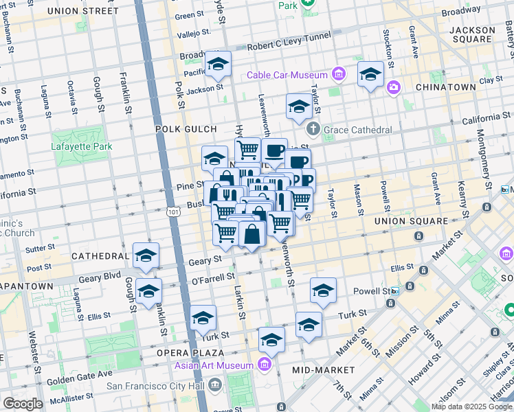 map of restaurants, bars, coffee shops, grocery stores, and more near 824 Hyde Street in San Francisco