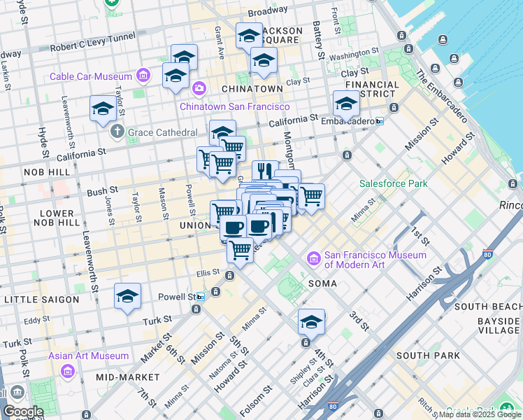 map of restaurants, bars, coffee shops, grocery stores, and more near 58 Geary Boulevard in San Francisco