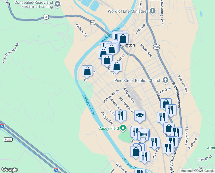 map of restaurants, bars, coffee shops, grocery stores, and more near 115 South Marion Avenue in Covington