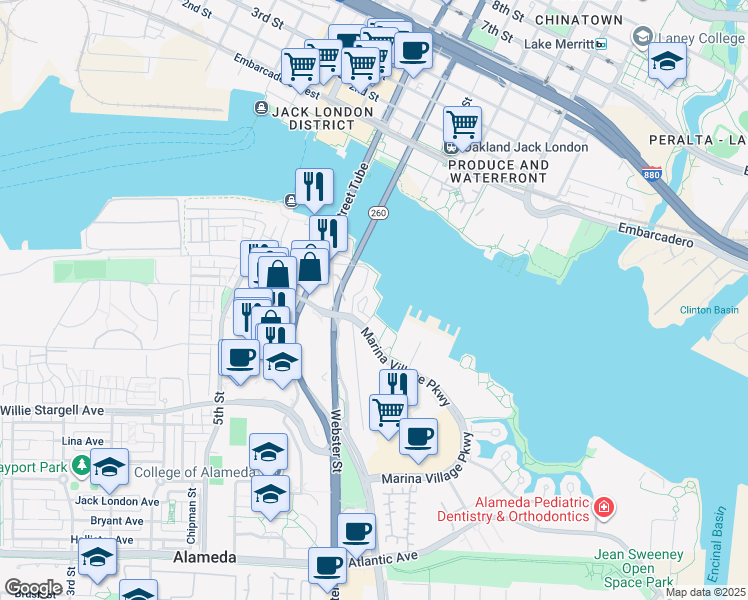 map of restaurants, bars, coffee shops, grocery stores, and more near 1350 Marina Village Parkway in Alameda