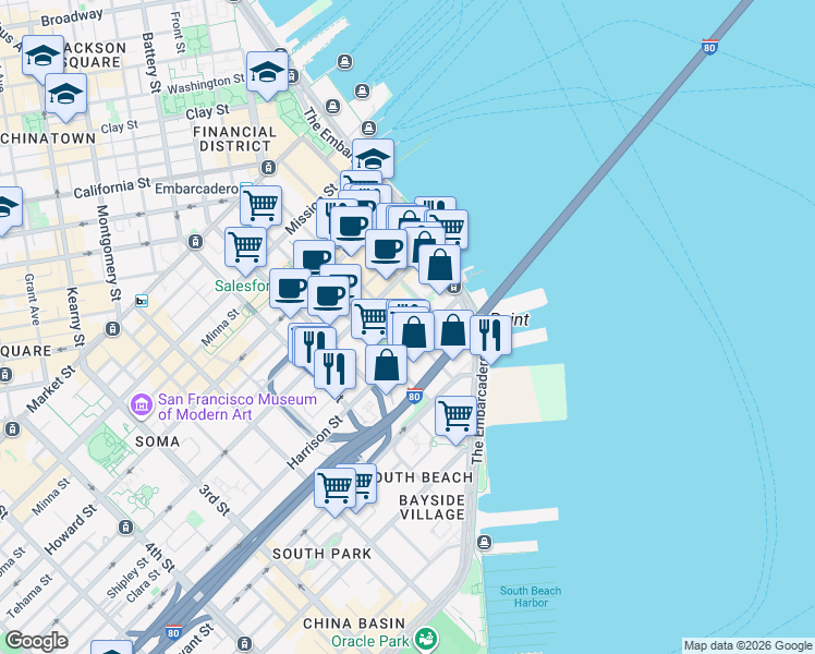 map of restaurants, bars, coffee shops, grocery stores, and more near 365 Main Street in San Francisco