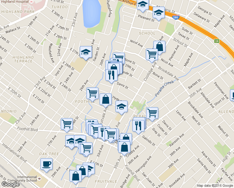map of restaurants, bars, coffee shops, grocery stores, and more near 3235 Hyde Street in Oakland