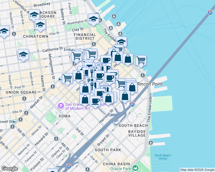 map of restaurants, bars, coffee shops, grocery stores, and more near 400 Folsom Street in San Francisco