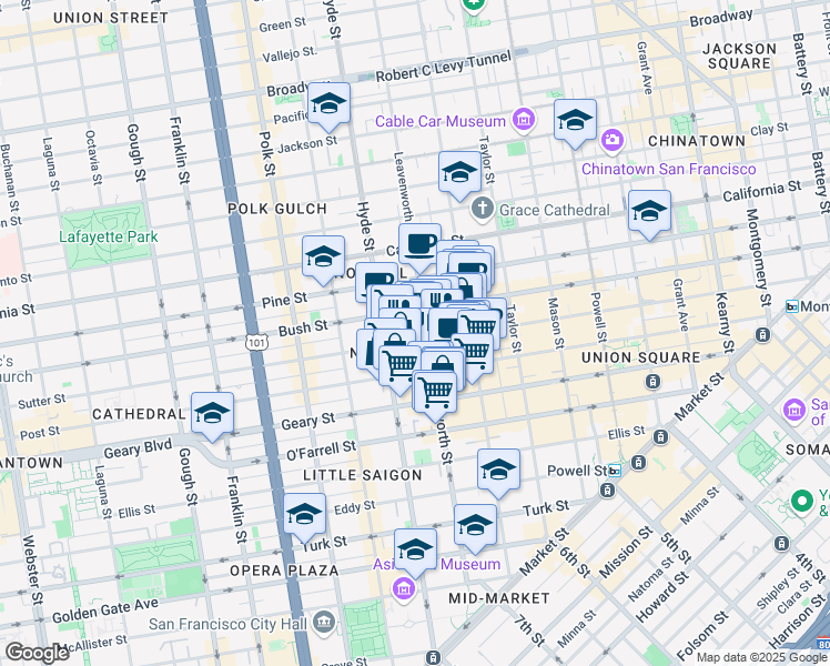 map of restaurants, bars, coffee shops, grocery stores, and more near 736 Leavenworth Street in San Francisco