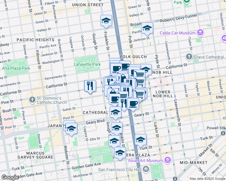 map of restaurants, bars, coffee shops, grocery stores, and more near 1613 Bush Street in San Francisco