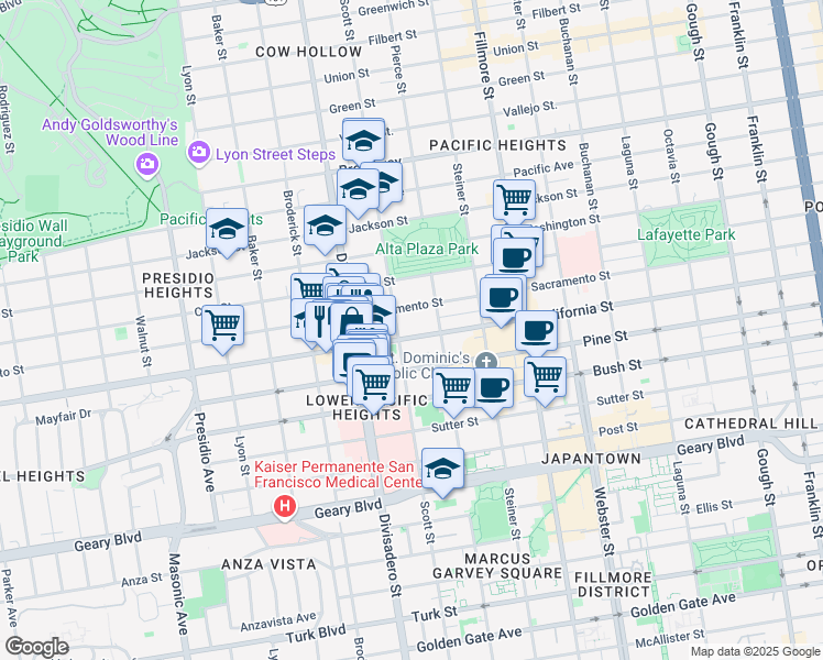 map of restaurants, bars, coffee shops, grocery stores, and more near 1980 Scott Street in San Francisco