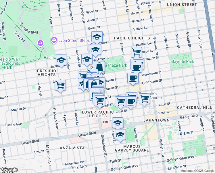 map of restaurants, bars, coffee shops, grocery stores, and more near 1980 Scott Street in San Francisco