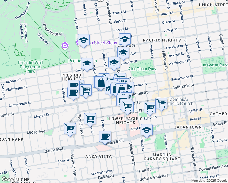 map of restaurants, bars, coffee shops, grocery stores, and more near 2848 California Street in San Francisco