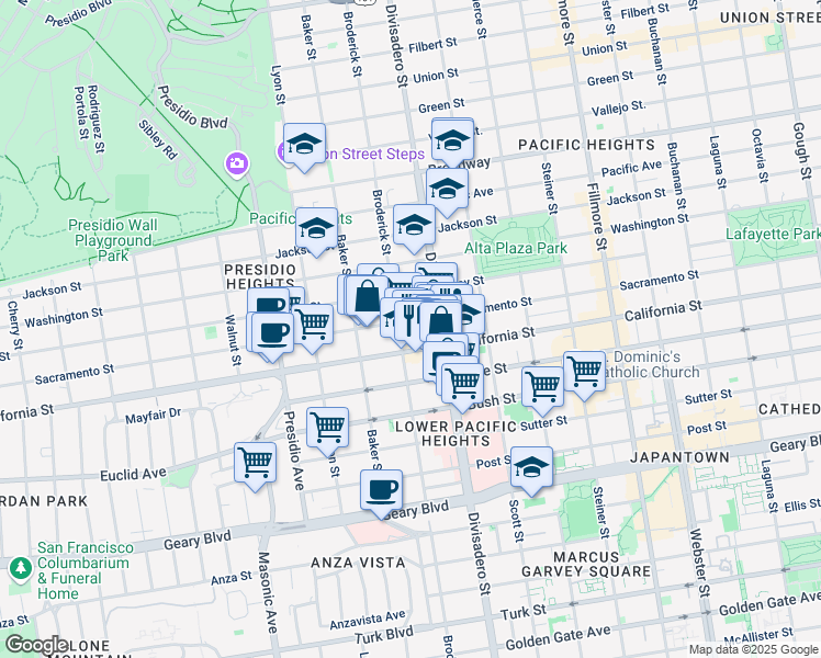 map of restaurants, bars, coffee shops, grocery stores, and more near 2890 California Street in San Francisco